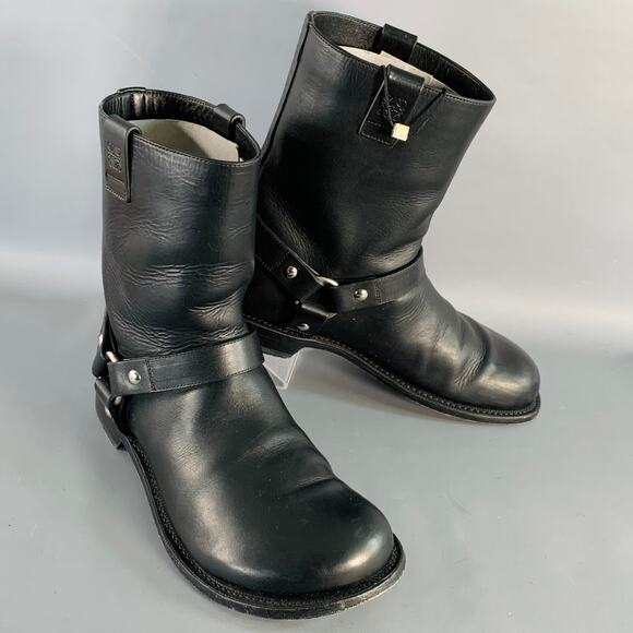 LOEWE Size 9 Black Leather Pull On Round Toe Harness Biker Boots main image 5